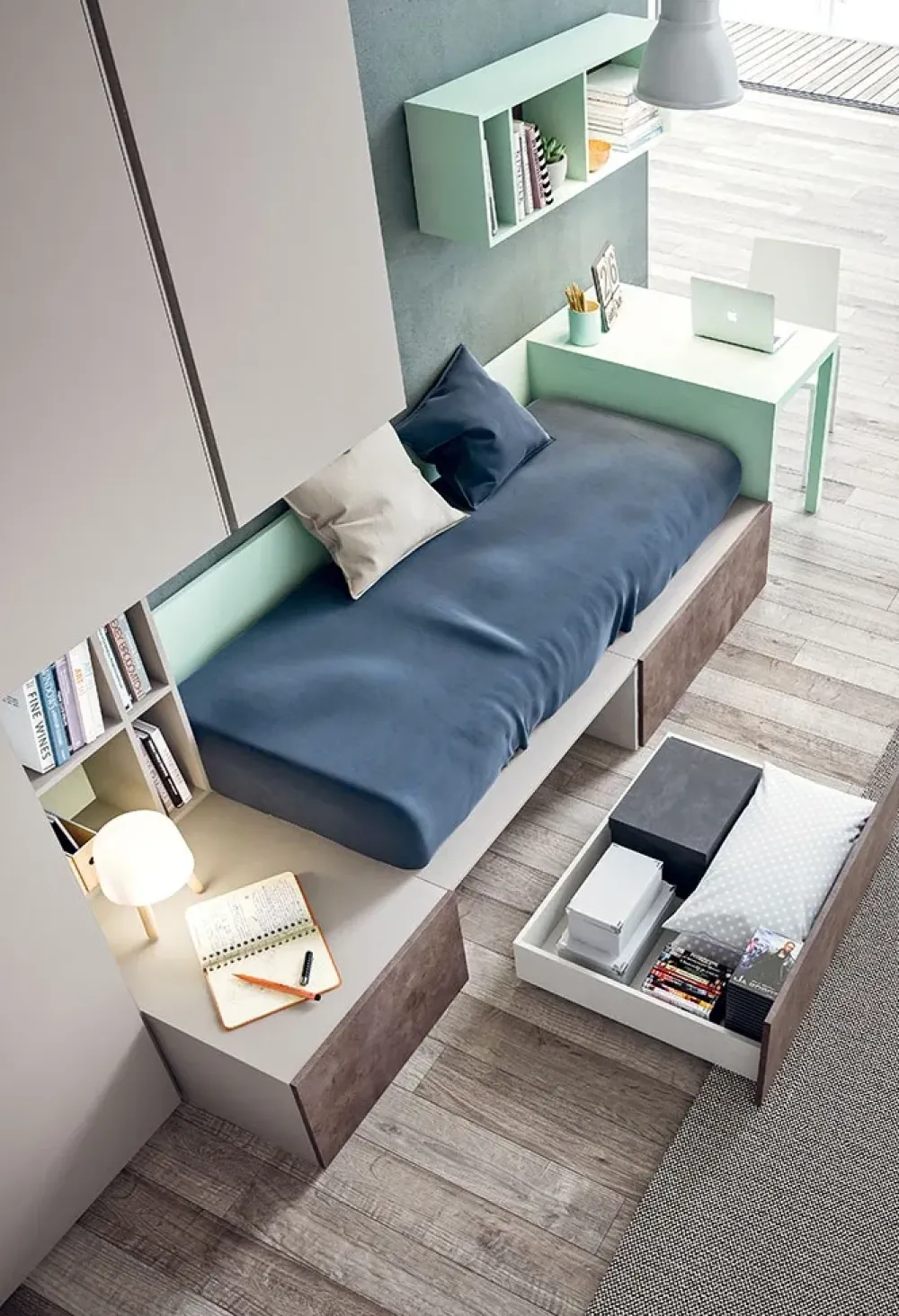 Outlet Cameretta Cameretta con scrivania a penisola con letto a terra a prezzo Outlet Camerette