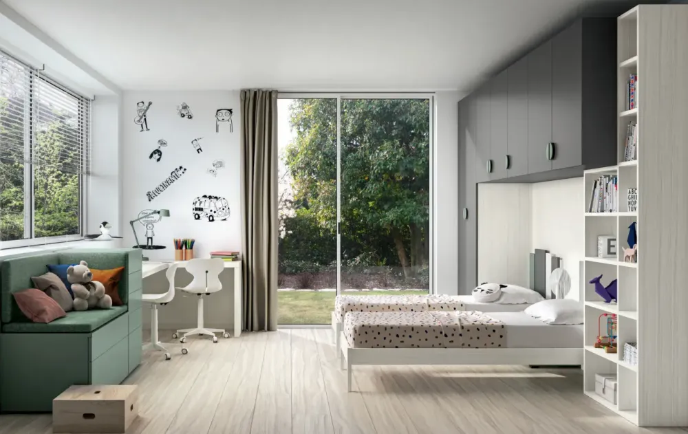 Discount Cameretta Cameretta moderna con armadio a ponte letti a terra scontata Camerette