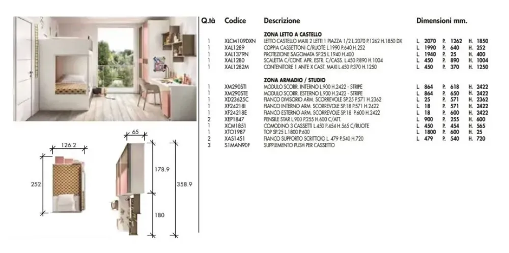 ZG Mobili Cameretta Cameretta per bambini moderna con letto a castello scontata- Camerette