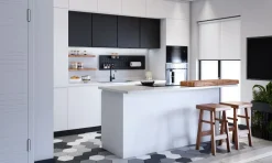 Discount Cucina bianca moderna con isola Cucina moderna con isola e colonne laccata bianca maniglia j   in Offerta Outlet Cucine Ad Isola|Cucine Moderne