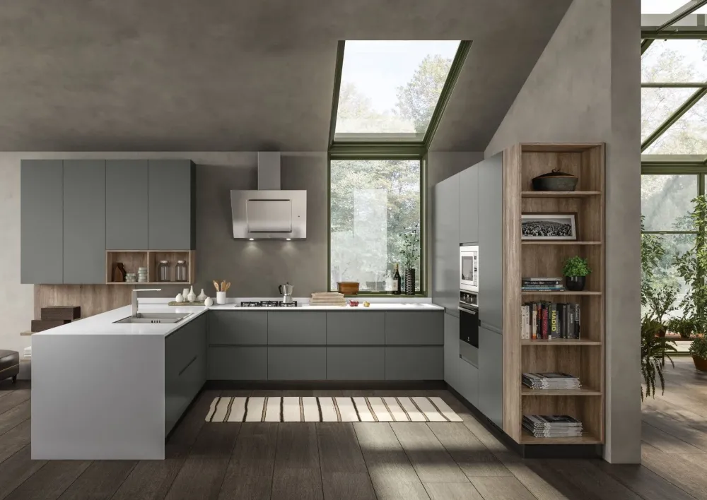 Essebi Cucina con penisola in laccata opaco grigia Nadir 1 a prezzo ribassato- Cucine Con Penisola|Cucine Moderne