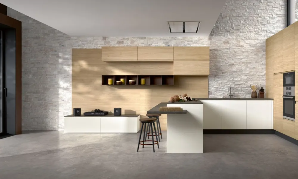 Sale Cucina con penisola in vetro bianca Zenit 04 a prezzo ribassato Cucine Con Penisola|Cucine Moderne