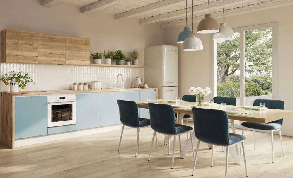 Collezione esclusiva Cucina moderna nordic celeste, effetto legno, scontata 53%. Progettata da un interno.- Cucine Lineari|Cucine Moderne