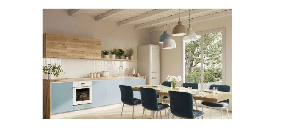 Collezione esclusiva Cucina moderna nordic celeste, effetto legno, scontata 53%. Progettata da un interno.- Cucine Lineari|Cucine Moderne