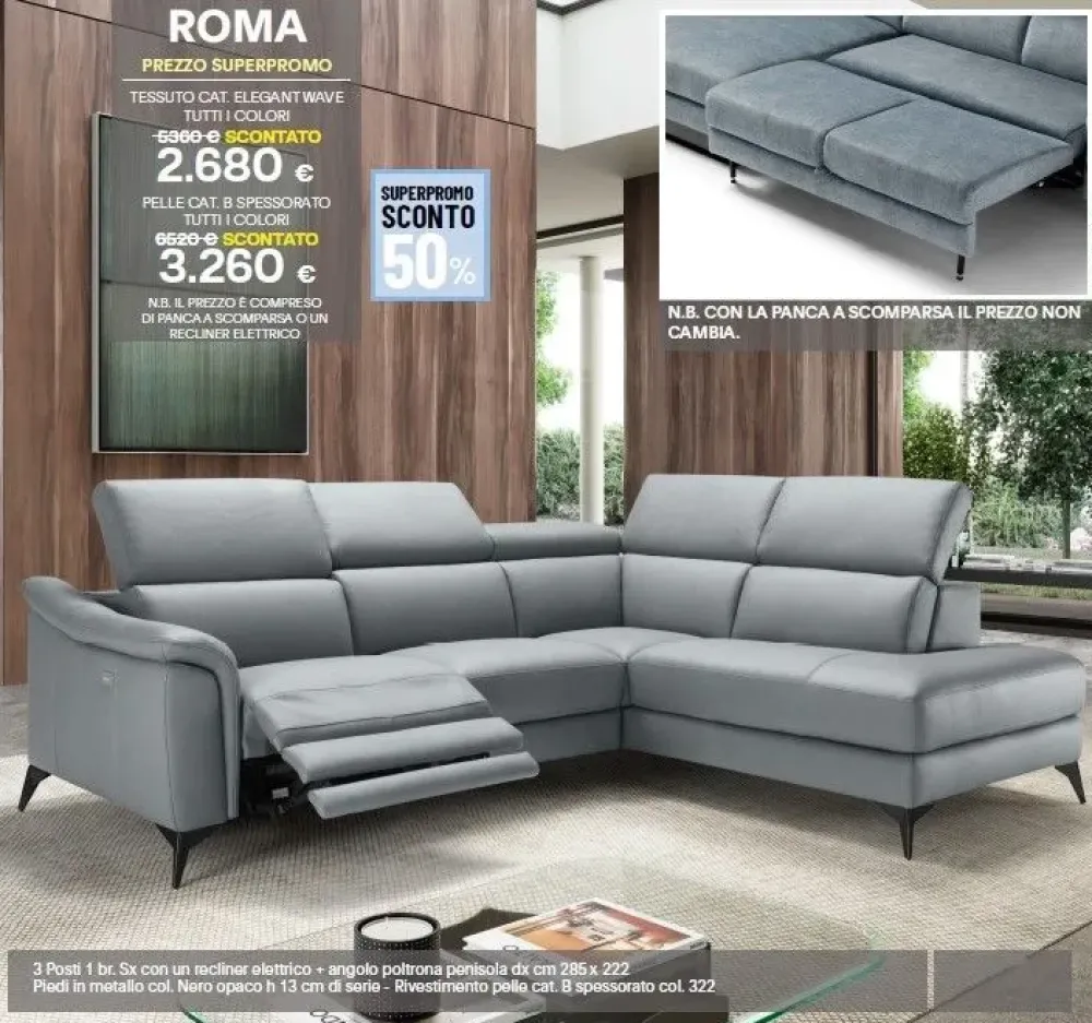 Sofangel Divano con penisola Roma PREZZI OUTLET sconto 50%- Divani