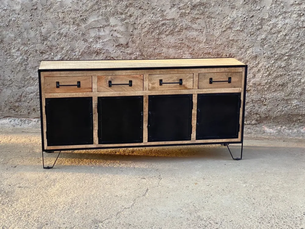 Outlet Etnico Madia M,adia credenza industrial legno e ferro 4 ante 4 cassetti di con forte sconto- Madie