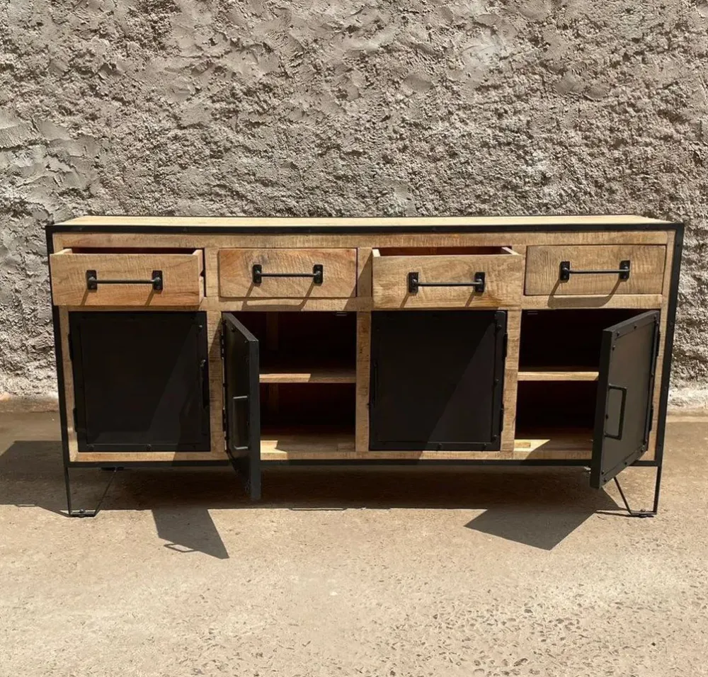 Outlet Etnico Madia M,adia credenza industrial legno e ferro 4 ante 4 cassetti di con forte sconto- Madie