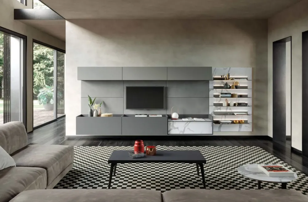 Astor Mobili Outlet: soggiorno Story 4 di Astor, laminato materico, skyline 3.0.- Soggiorni Completi