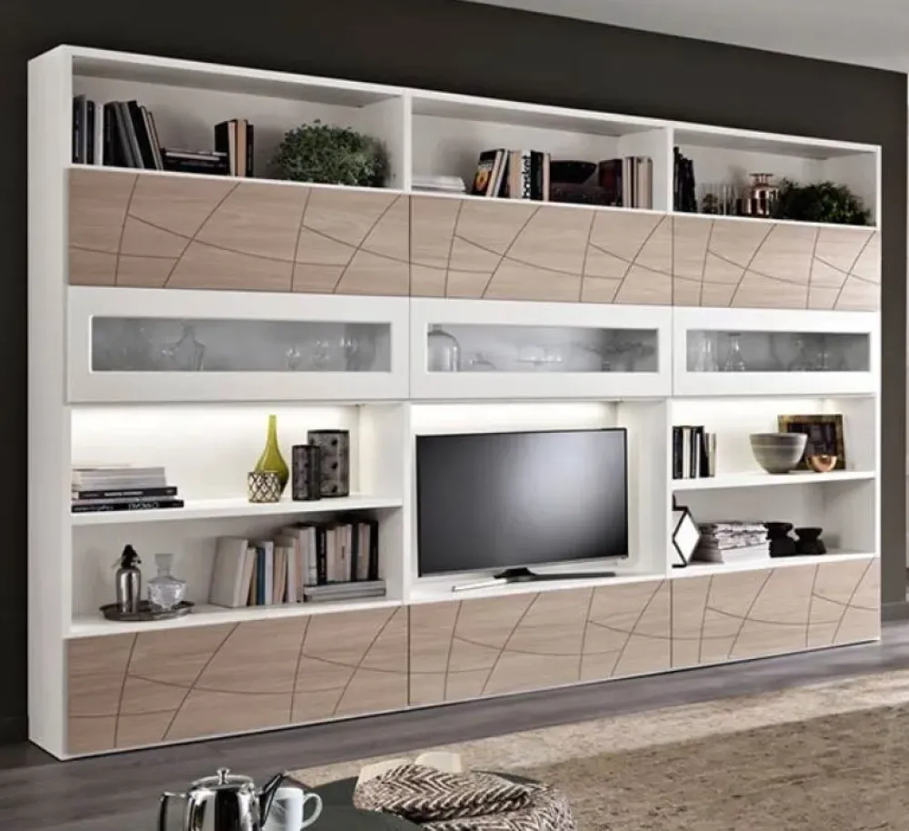 Parete attrezzata Parete fresata frassino bianco e noce natura in stile moderno a prezzo scontato^Md work Online