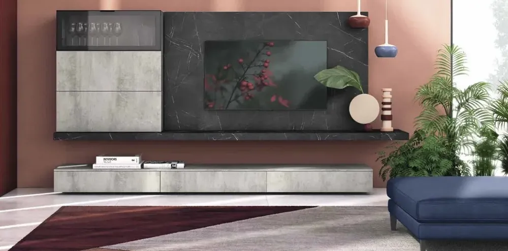 Collezione esclusiva Parete attrezzata Soggiorno industrial minimal cemento Nuovi mondi in stile moderno a prezzo ribassato- Pareti Attrezzate