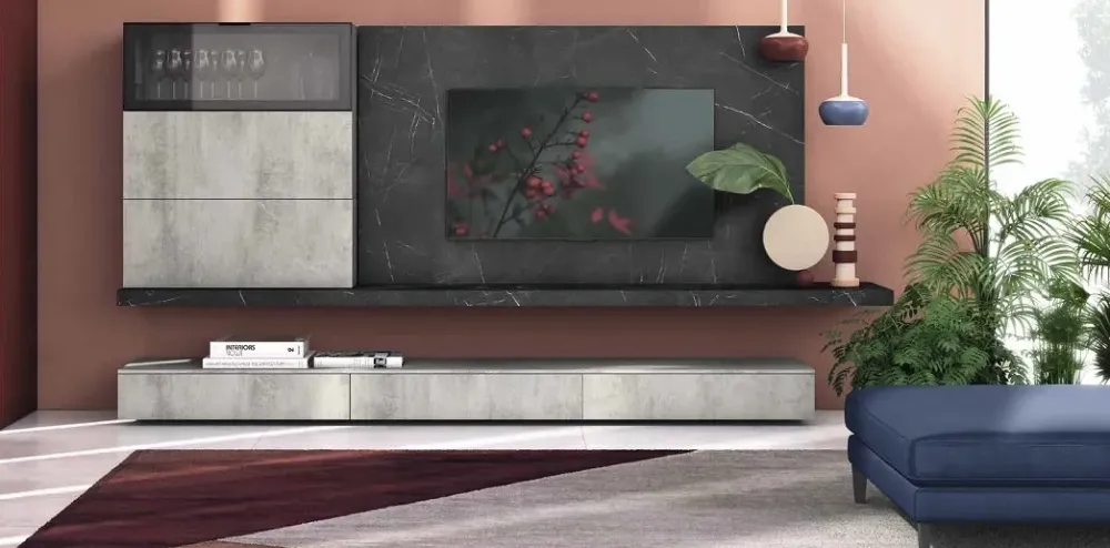 Collezione esclusiva Parete attrezzata Soggiorno industrial minimal cemento Nuovi mondi in stile moderno a prezzo ribassato- Pareti Attrezzate