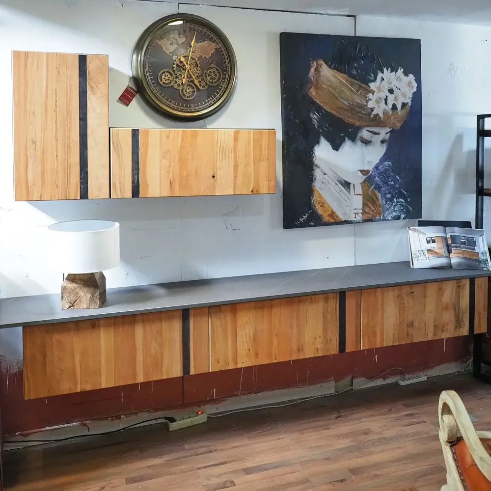 Parete attrezzata Soggiorno industrial legno vintage wave con basi sospese in stile design a prezzo ribassato^Outlet Etnico Outlet