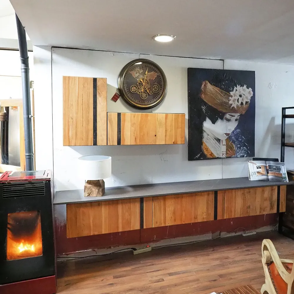 Parete attrezzata Soggiorno industrial legno vintage wave con basi sospese in stile design a prezzo ribassato^Outlet Etnico Outlet