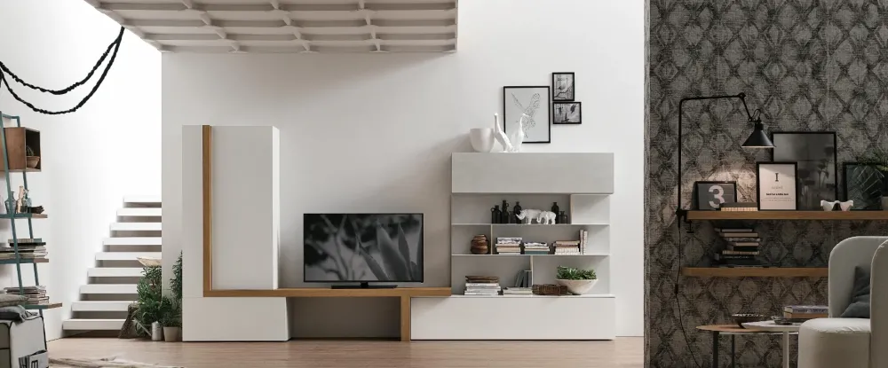 Tomasella Parete attrezzata in laminato materico A077 a prezzo Outlet- Soggiorni Completi