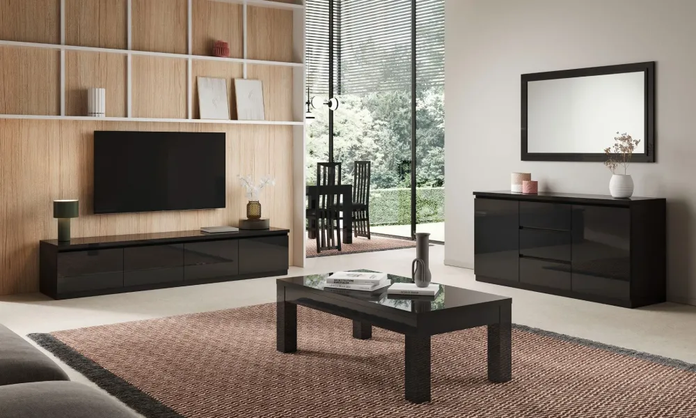 Soggiorno completo in laccato lucido stile moderno Modello roma laccato bianco e nero lucido^Artigianale Online