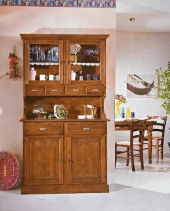 Artigiani Veneti Vetrinetta Buffet con sopralzo a vetri e cassettini  porta-spezie in legno toulipière in promo-sconto del 40% in stile classico a prezzi outlet- Vetrinette