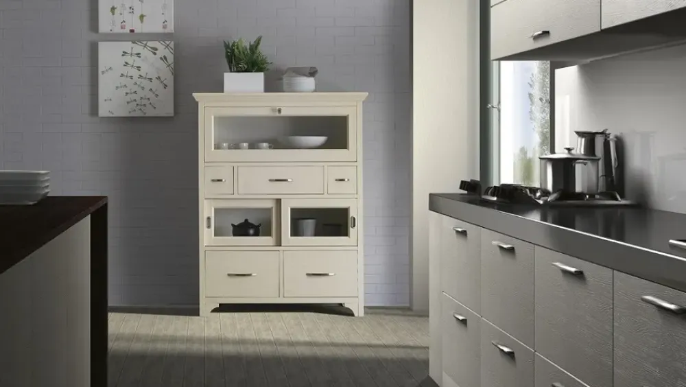 Vetrinetta Dispensa con ribalta ed ante scorrevoli scontata del 35% in legno in Offerta Outlet Vetrinette